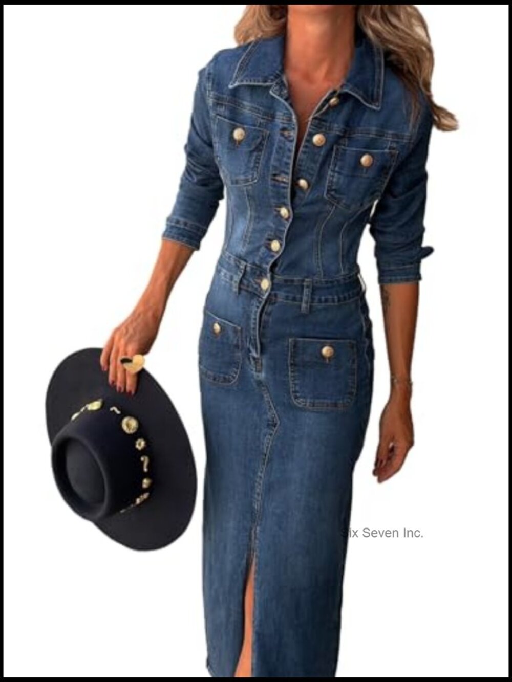 Trendy Long Sleeve Button Down Denim Maxi Dress with Slit - Picture 2 of 5